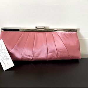 Mariell pink rose bridal clutch, with silver metal accents. Length 10 inches.